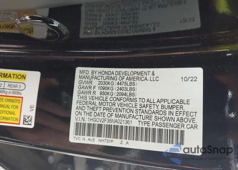 2022 Honda Accord Sport 2.0T z USA, uszkodzony, nr VIN 1HGCV2F35NA021361